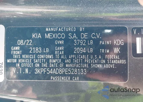 2023 Kia Forte Gt-Line из США, поврежденный, VIN 3KPF54AD8PE528133